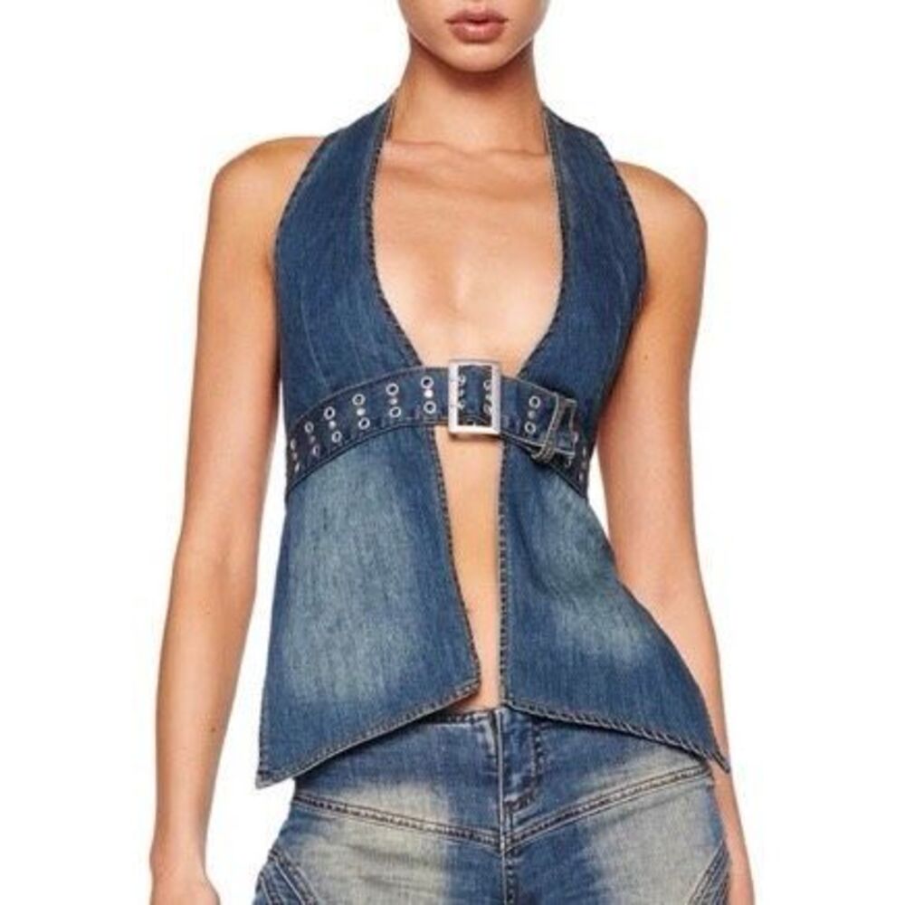 I Am Gia Blue Denim Sequoia Halter Top Medium
